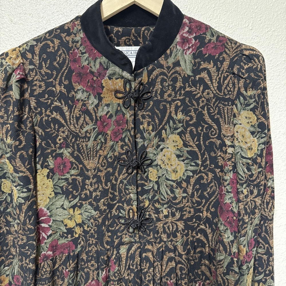 Vtg Women's Moody Floral Dress Size 10 Dark Romantic Mandarin Collar Knot Frog